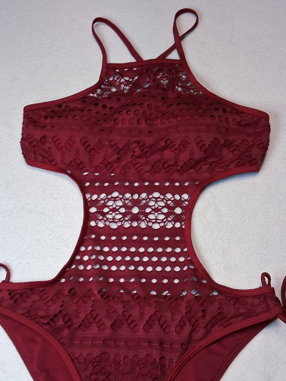 4/20$ ➡️   Crochet Cutout One-Piece Swimsuit - Wine Burgundy Crochet Monokini - Picture 8 of 11